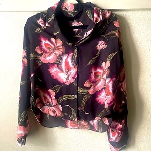 Vintage black & pink floral printed super sheer button down cropped blouse